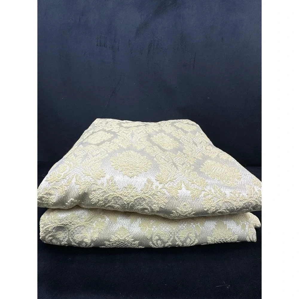 Vintage Damask Curtain Panels Pinch Pleat (2) Gold Beige Granny Core 64